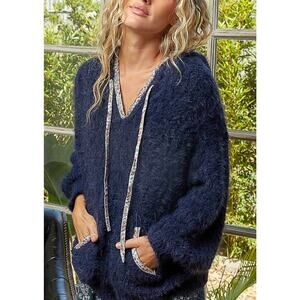 POL Lucia Navy Fuzzy Eyelash Knit Hoodie Sweater Boho Cottagecore Size Small